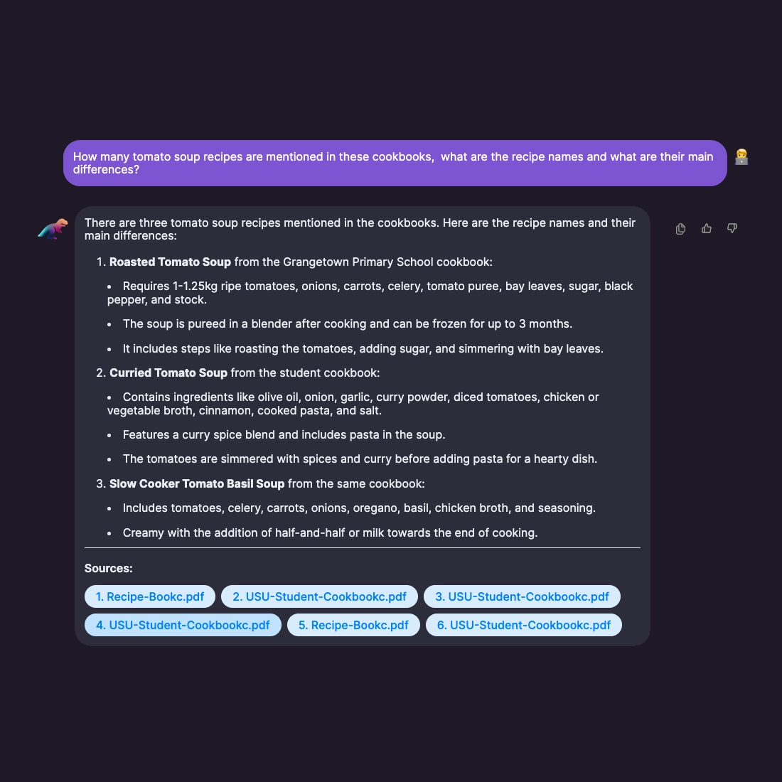 DocsGPT compairing soup recipes